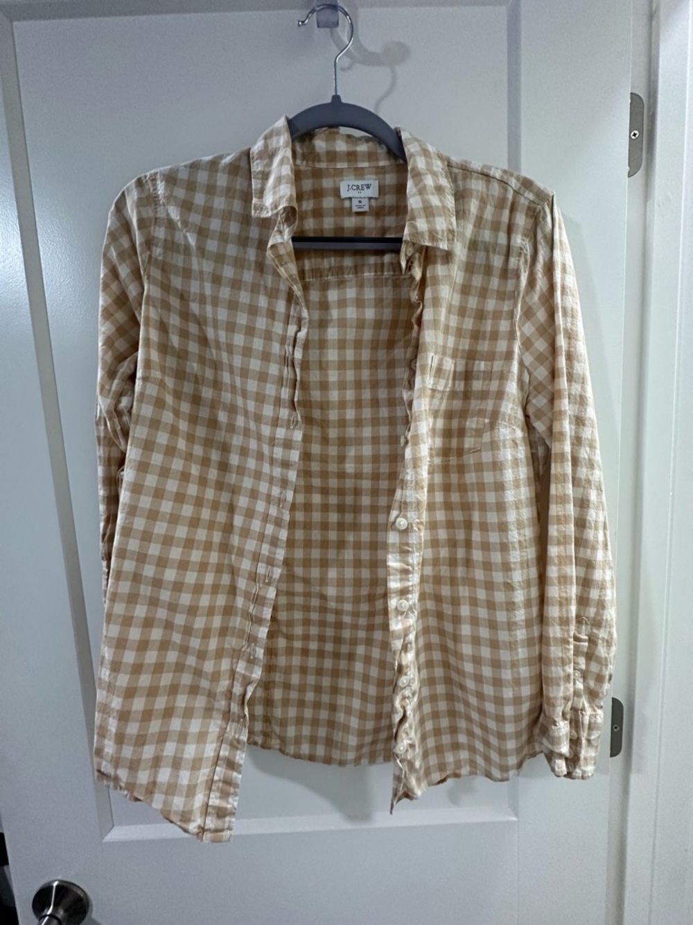 J. Crew 100% Cotton Tan and White Gingham Button-Down Shirt